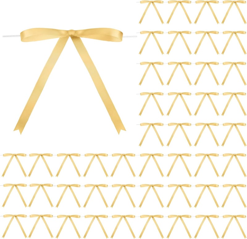 Riceshoot Store Gold 50 Pcs Stain Ribbon Bows 5x7 Inch Twist Tie Bows for Gift Wrapping Cake Treat Bags Craft DIY Gift Wedding Baby Shower Birthday Party Decorations - Image 1